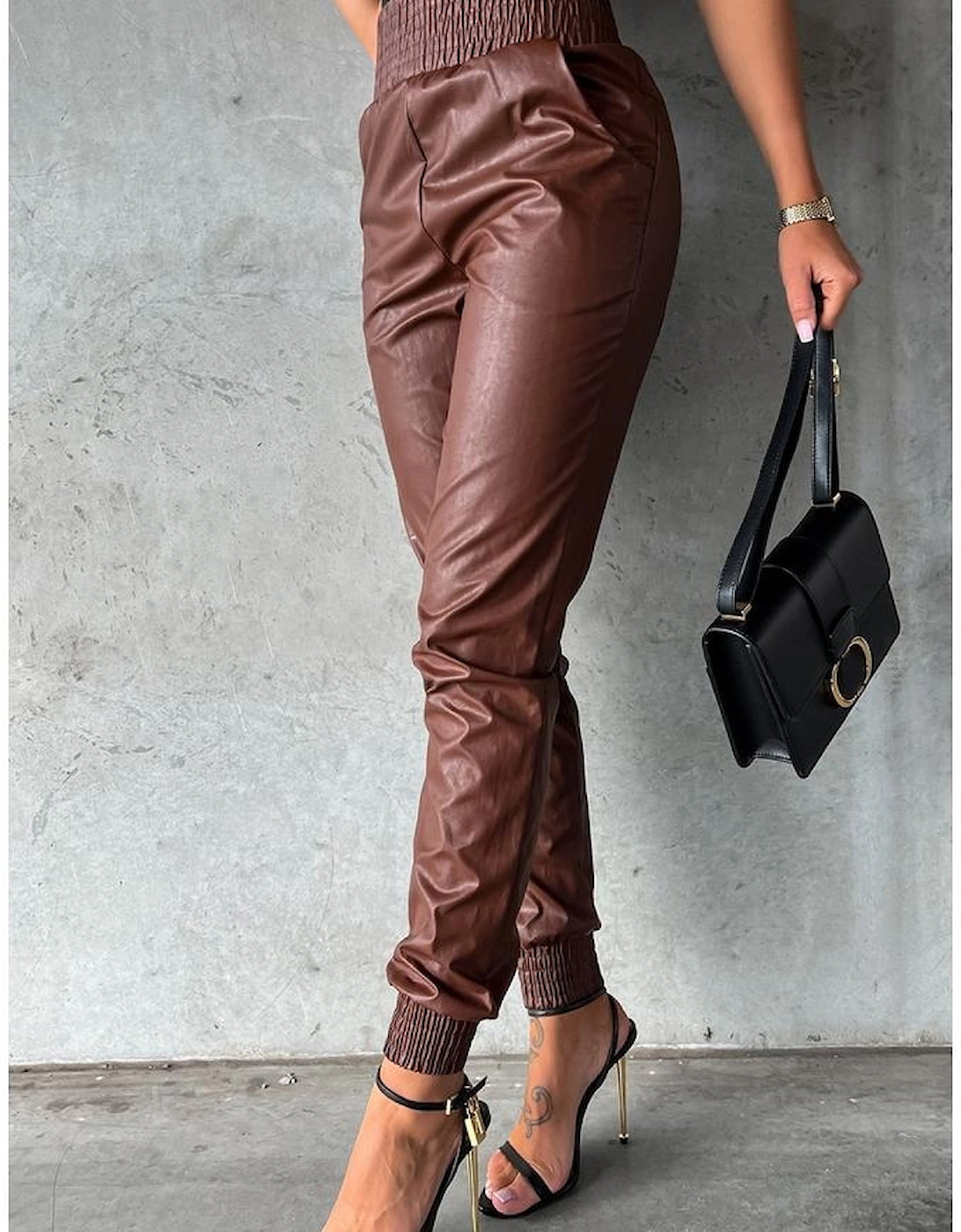 Brown Smocked High-Waist Leather Skinny Pants, 9 of 8