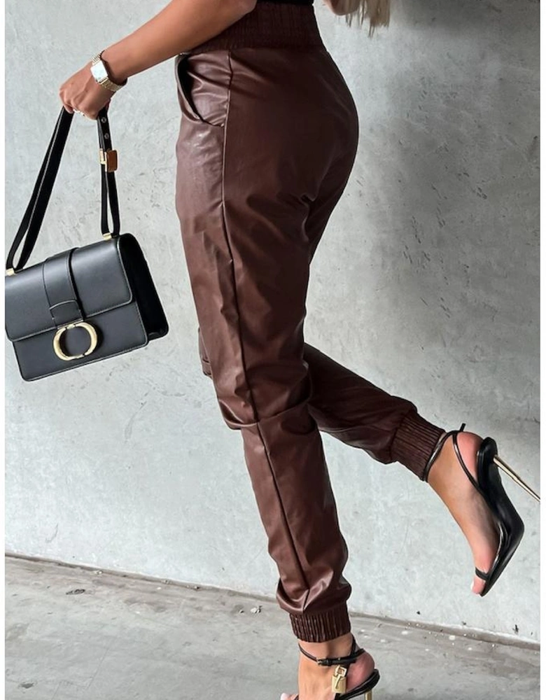 Brown Smocked High-Waist Leather Skinny Pants