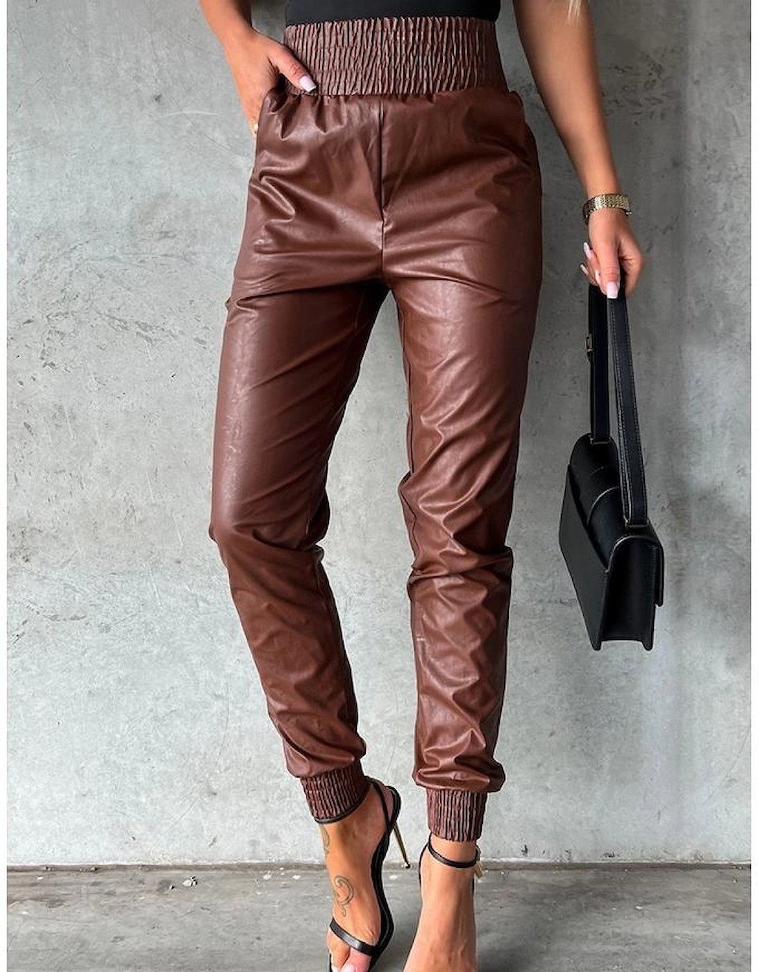 Brown Smocked High-Waist Leather Skinny Pants