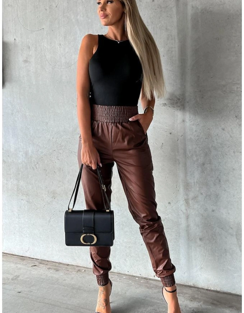Brown Smocked High-Waist Leather Skinny Pants