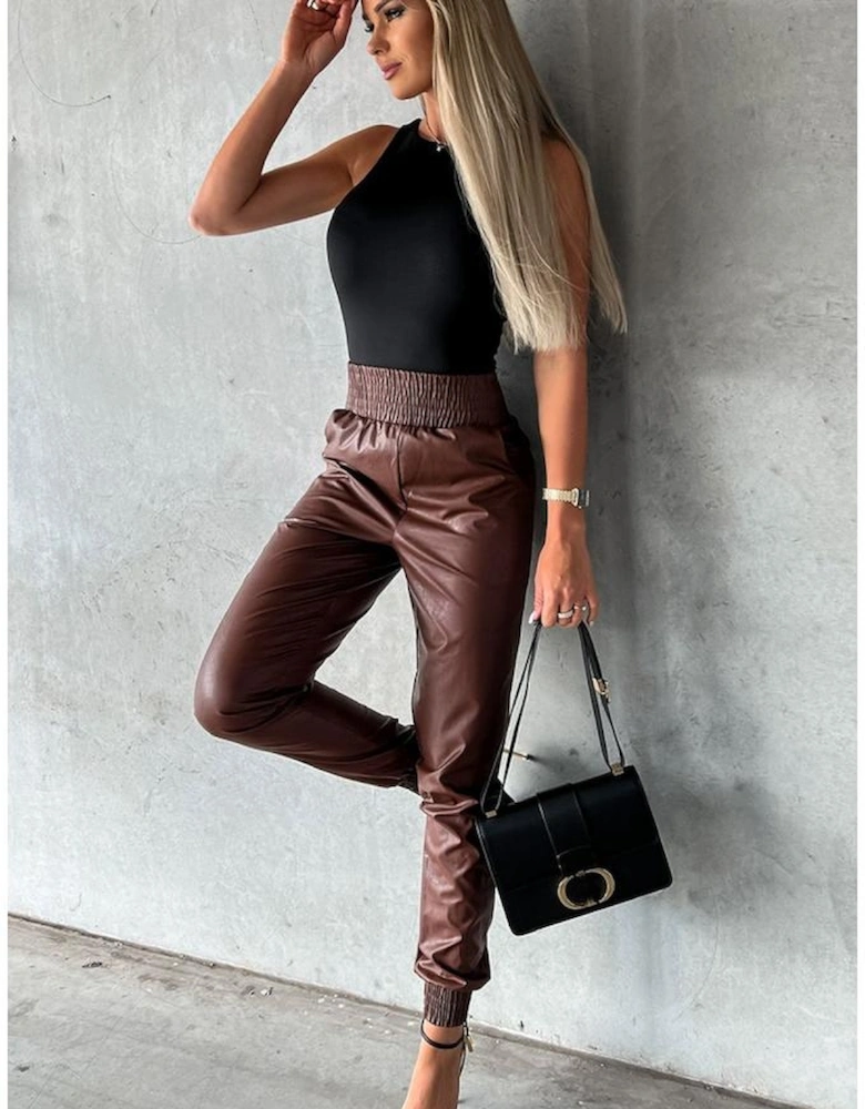 Brown Smocked High-Waist Leather Skinny Pants