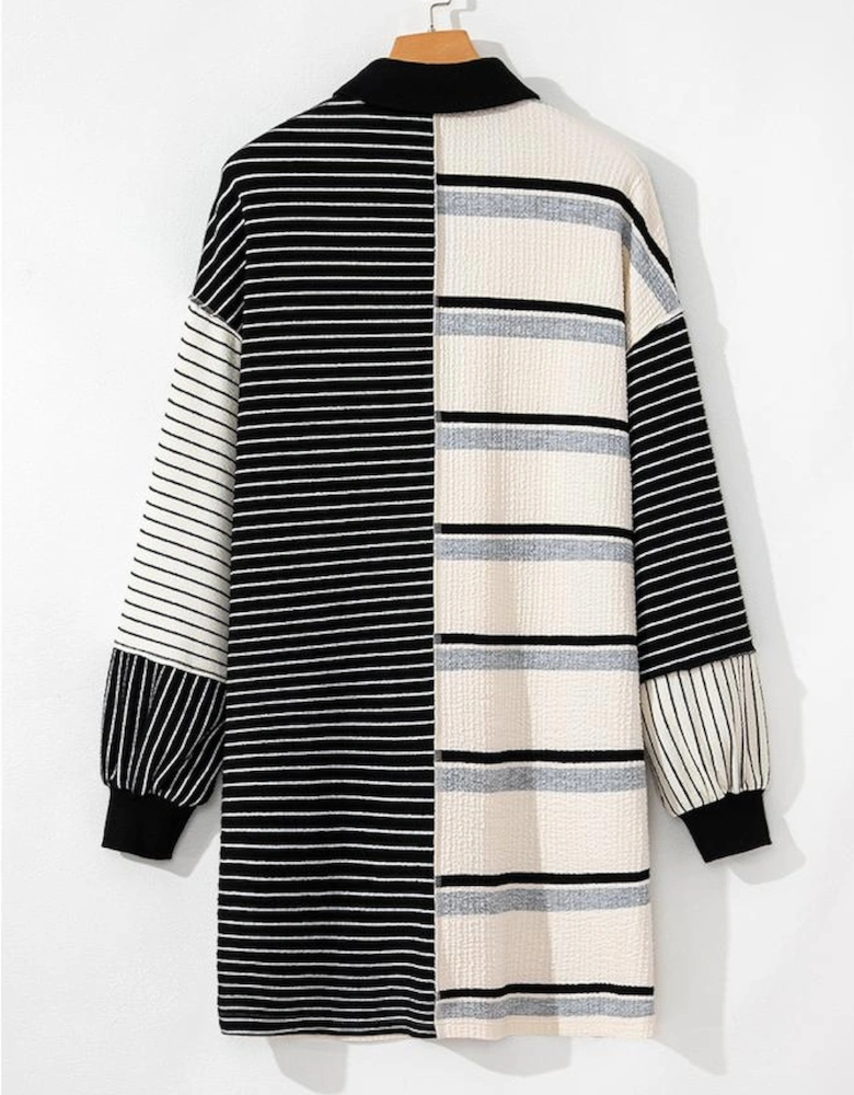 Black Stripe Colorblock Knit Henley Collar Shift Long Sleeve Mini Dress