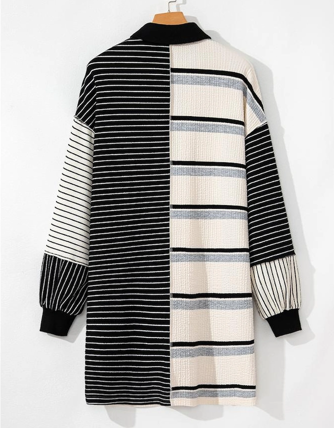 Black Stripe Colorblock Knit Henley Collar Shift Long Sleeve Mini Dress