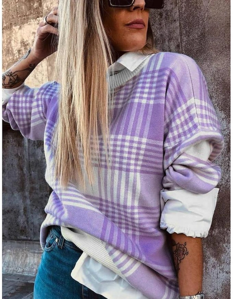 Lilac Plaid Print Ribbed Trim Loose Sweater