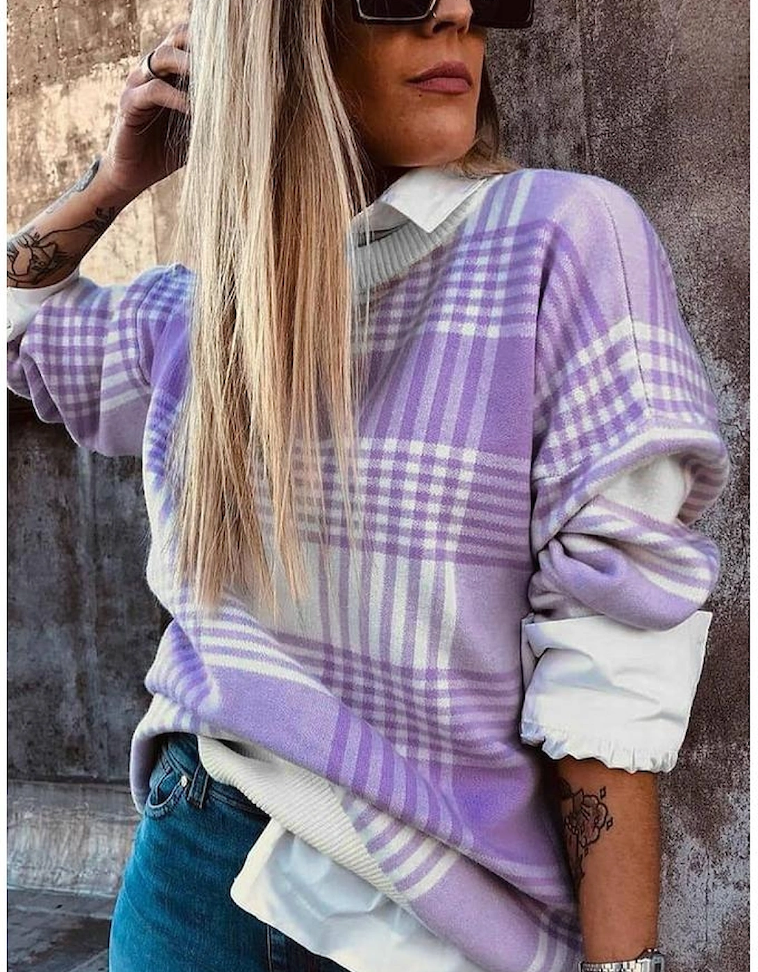 Lilac Plaid Print Ribbed Trim Loose Sweater, 5 of 4