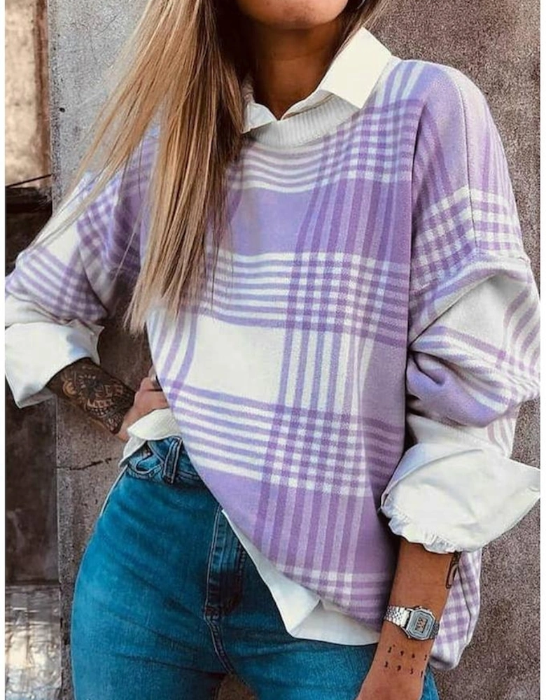 Lilac Plaid Print Ribbed Trim Loose Sweater