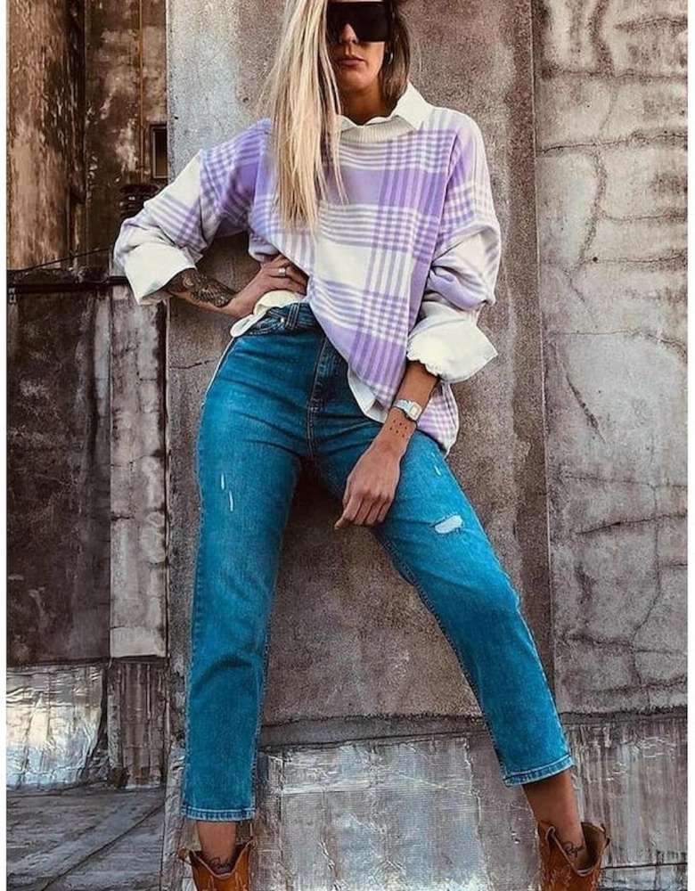 Lilac Plaid Print Ribbed Trim Loose Sweater