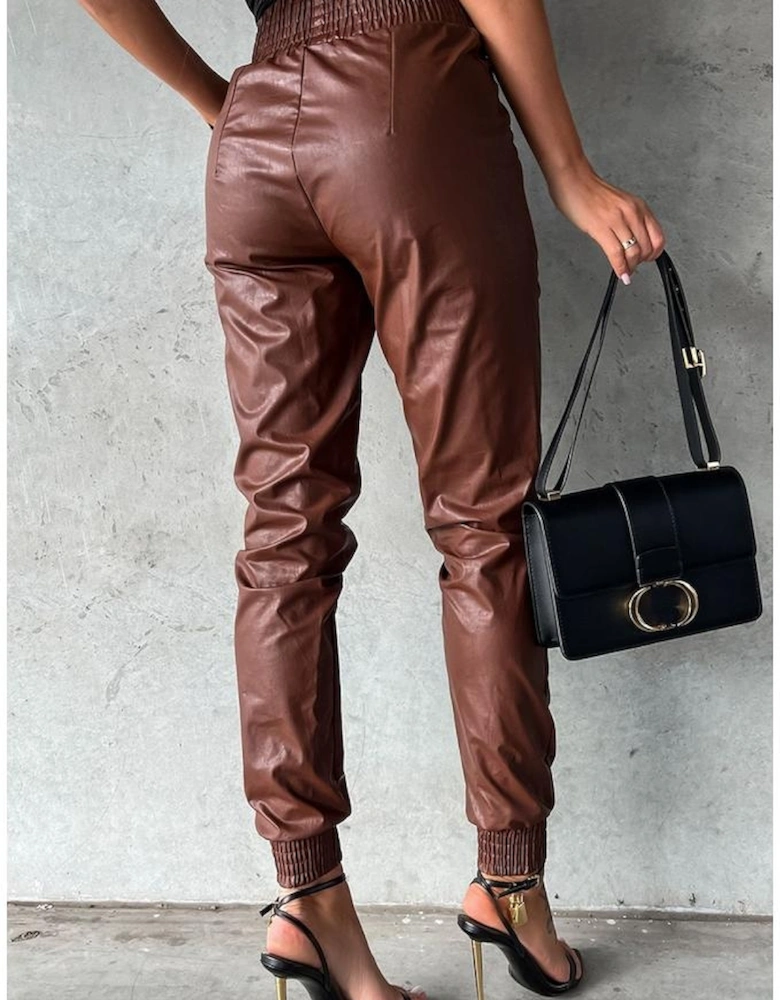 Brown Smocked High-Waist Leather Skinny Pants