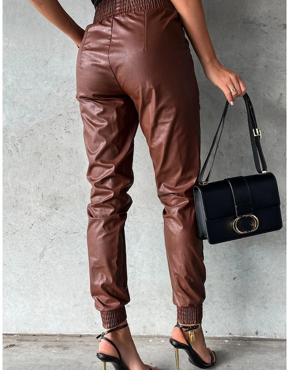 Brown Smocked High-Waist Leather Skinny Pants