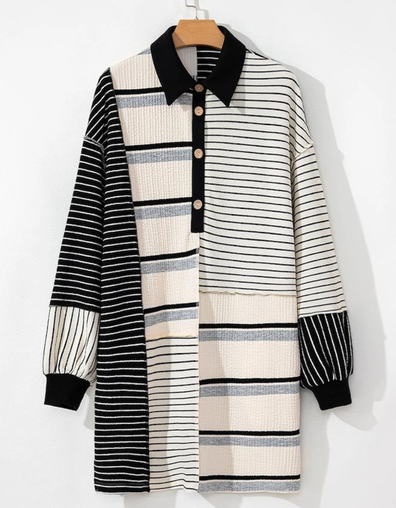 Black Stripe Colorblock Knit Henley Collar Shift Long Sleeve Mini Dress