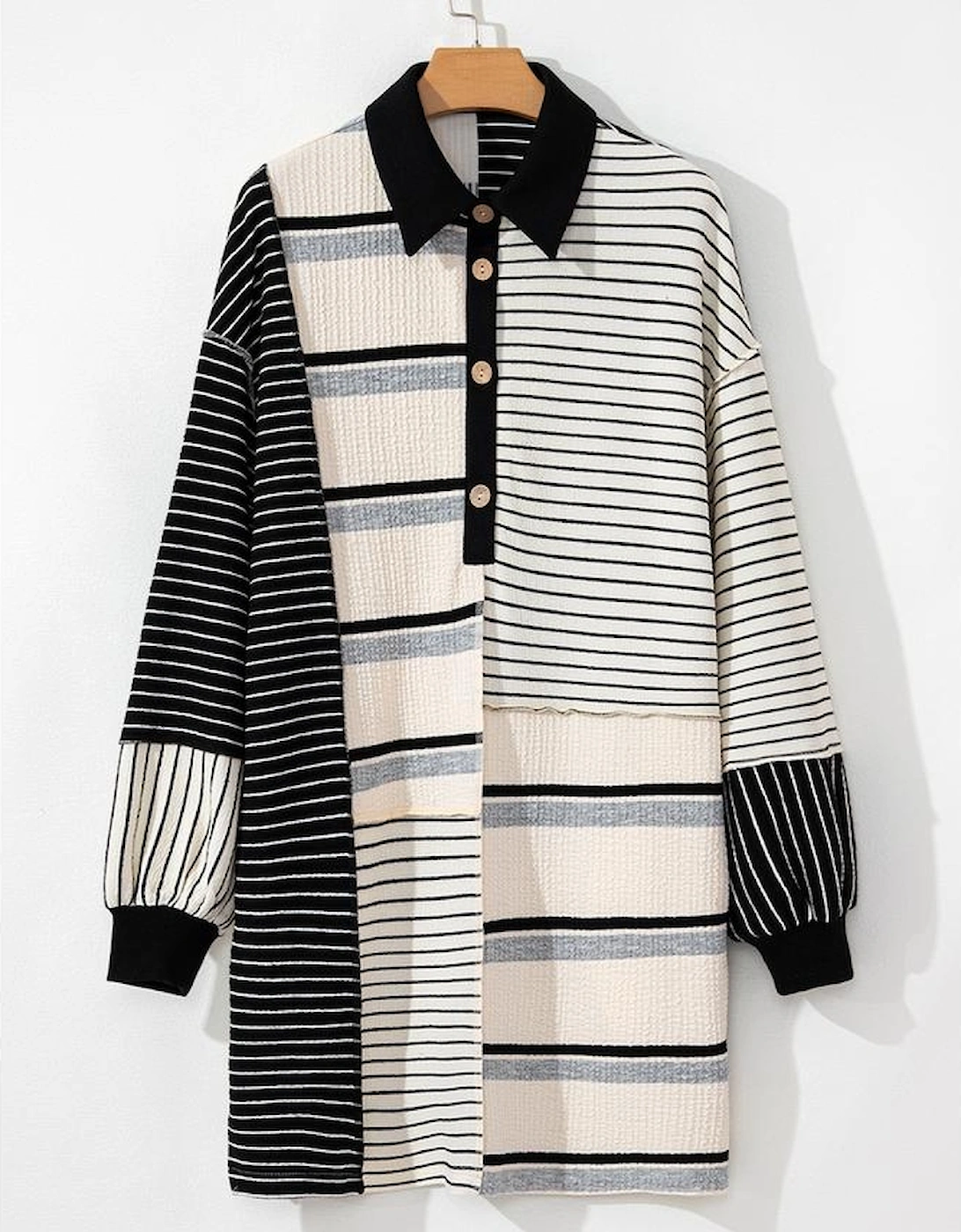 Black Stripe Colorblock Knit Henley Collar Shift Long Sleeve Mini Dress