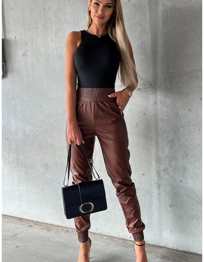 Brown Smocked High-Waist Leather Skinny Pants