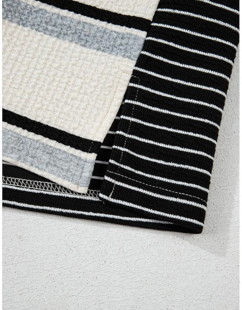 Black Stripe Colorblock Knit Henley Collar Shift Long Sleeve Mini Dress