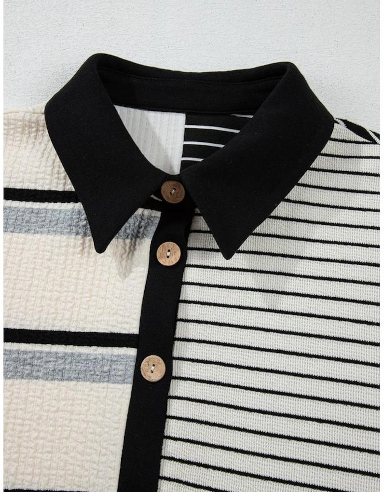 Black Stripe Colorblock Knit Henley Collar Shift Long Sleeve Mini Dress