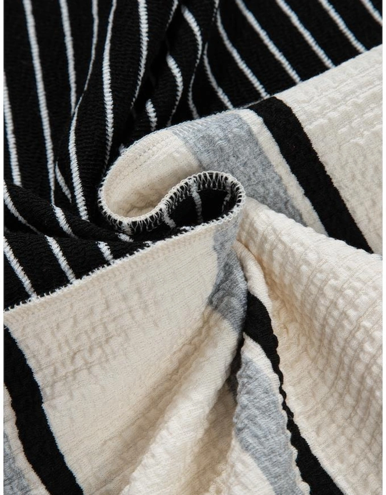 Black Stripe Colorblock Knit Henley Collar Shift Long Sleeve Mini Dress