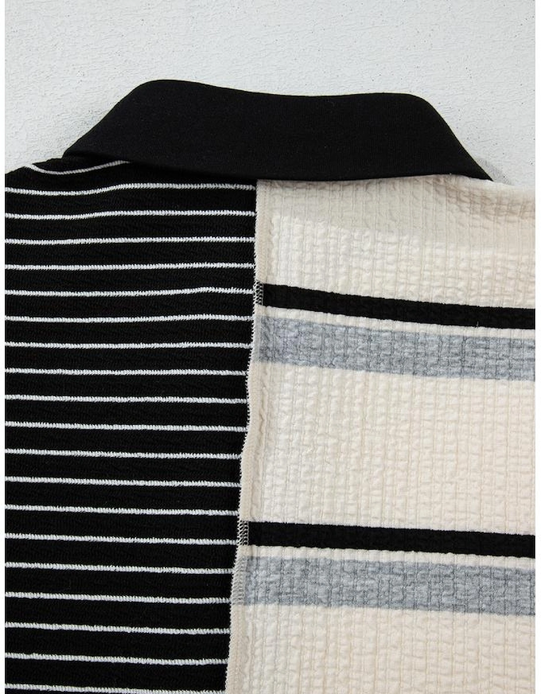 Black Stripe Colorblock Knit Henley Collar Shift Long Sleeve Mini Dress