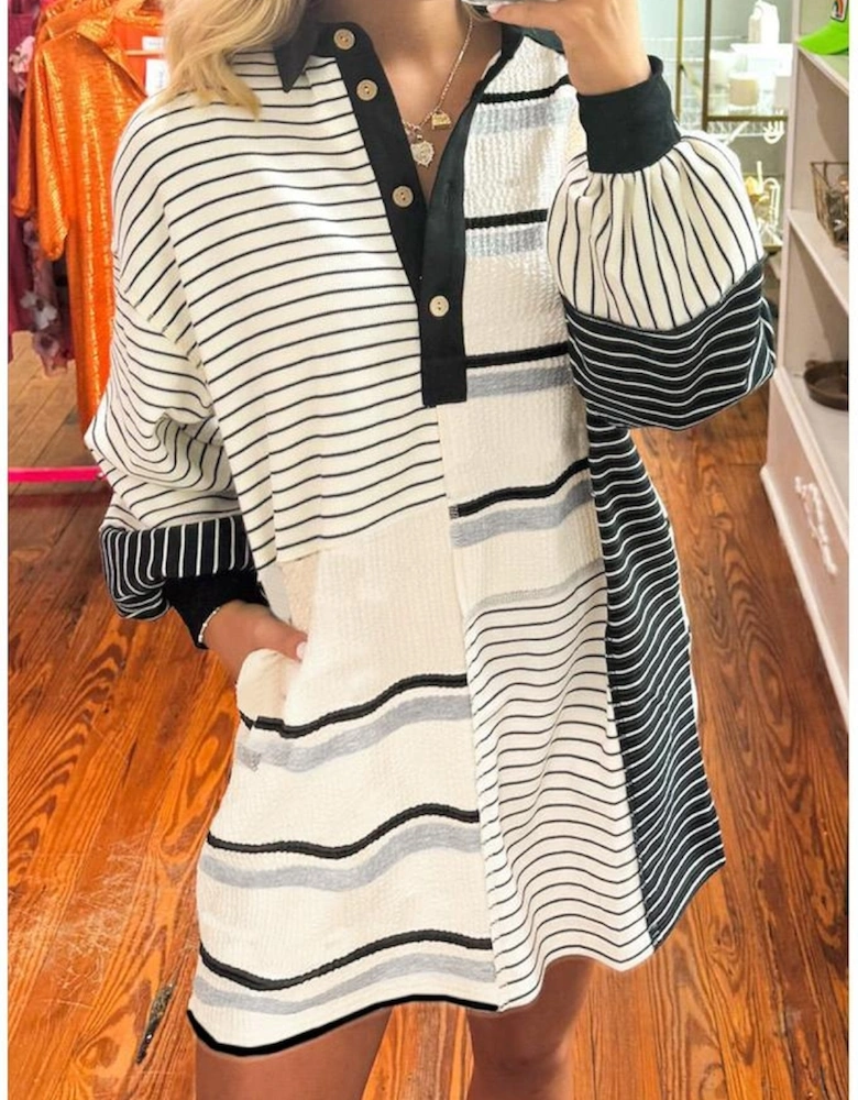Black Stripe Colorblock Knit Henley Collar Shift Long Sleeve Mini Dress