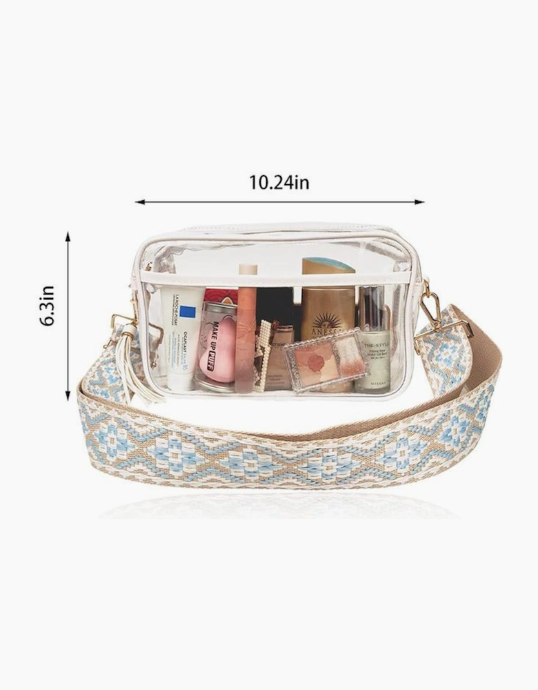 White Contrast Edge Tassel Geo Print Strap Clear Shoulder Bag