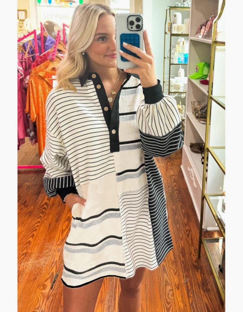 Black Stripe Colorblock Knit Henley Collar Shift Long Sleeve Mini Dress