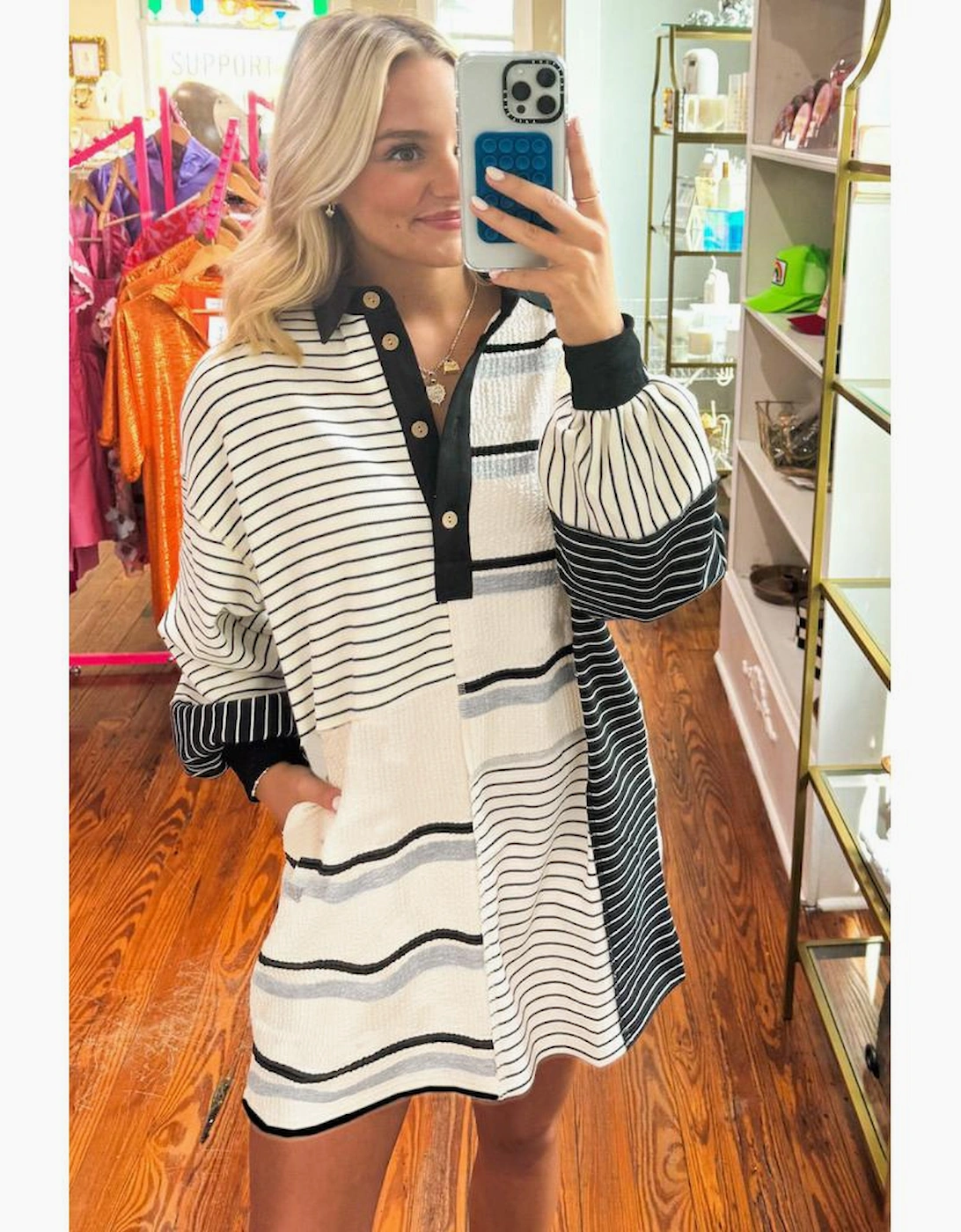 Black Stripe Colorblock Knit Henley Collar Shift Long Sleeve Mini Dress
