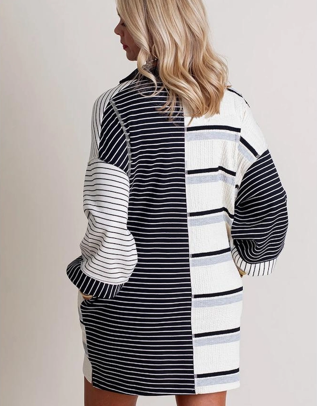 Black Stripe Colorblock Knit Henley Collar Shift Long Sleeve Mini Dress