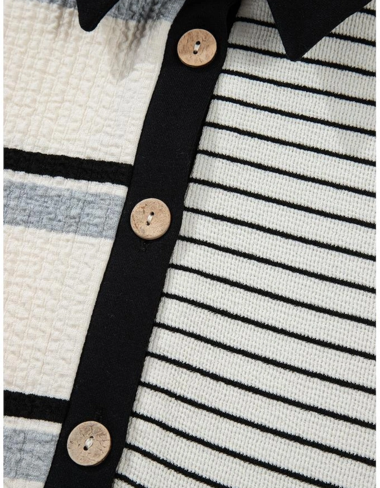 Black Stripe Colorblock Knit Henley Collar Shift Long Sleeve Mini Dress
