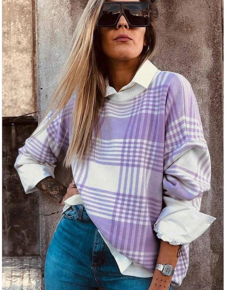 Lilac Plaid Print Ribbed Trim Loose Sweater