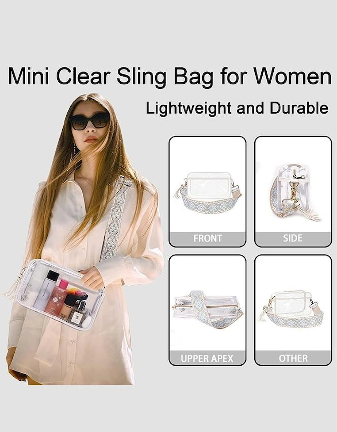 White Contrast Edge Tassel Geo Print Strap Clear Shoulder Bag