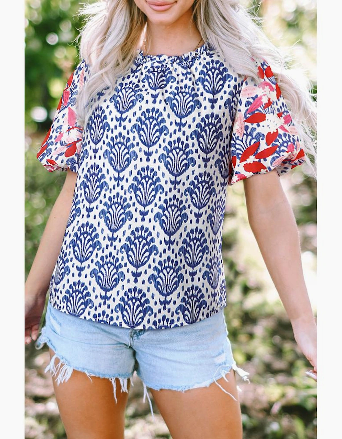 Blue Western Fashion Print Floral Puff Sleeve Frilled Neck Blouse, 11 of 10