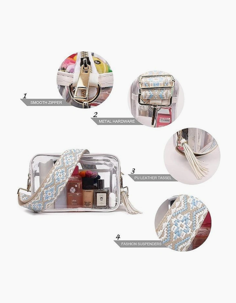 White Contrast Edge Tassel Geo Print Strap Clear Shoulder Bag
