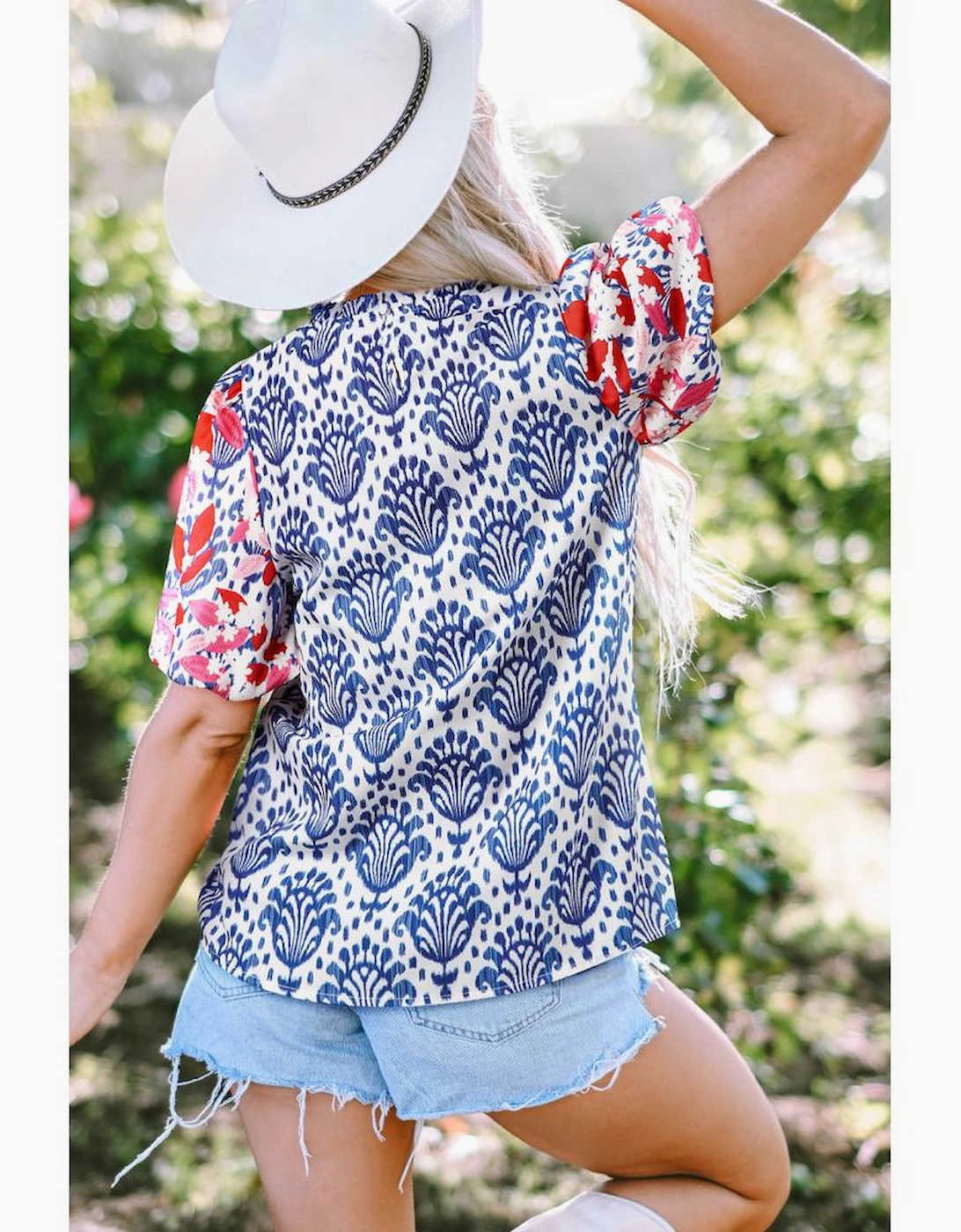 Blue Western Fashion Print Floral Puff Sleeve Frilled Neck Blouse