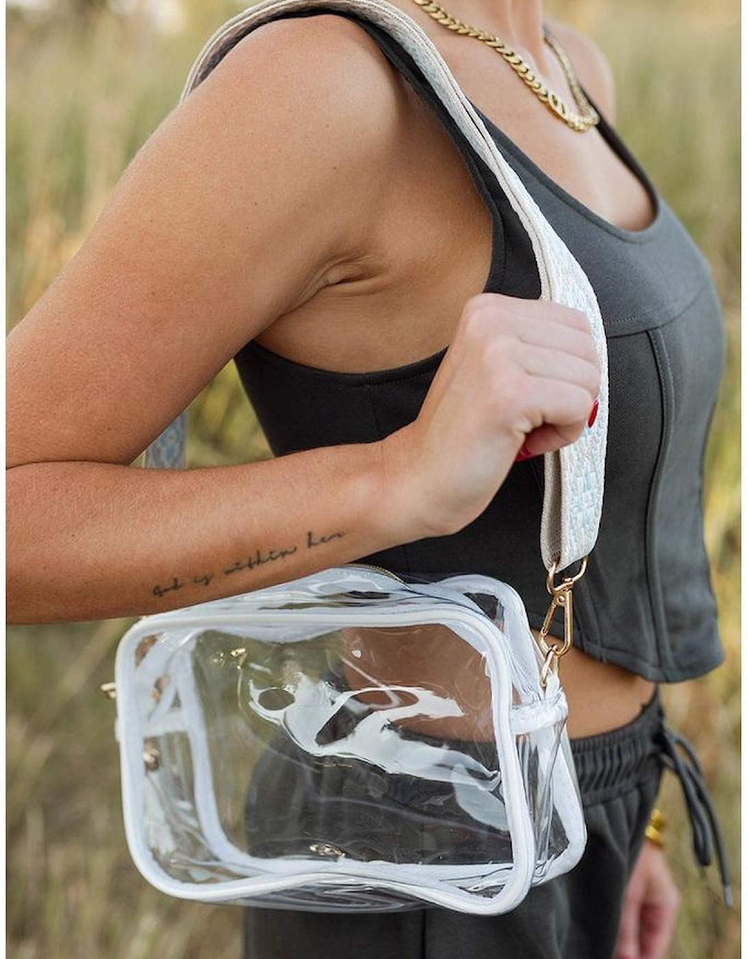 White Contrast Edge Tassel Geo Print Strap Clear Shoulder Bag