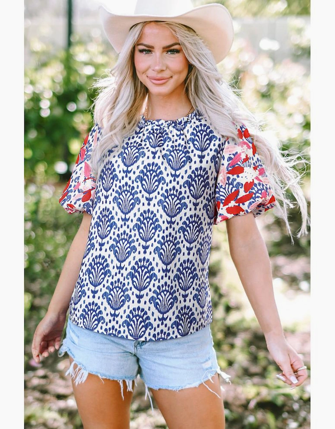 Blue Western Fashion Print Floral Puff Sleeve Frilled Neck Blouse