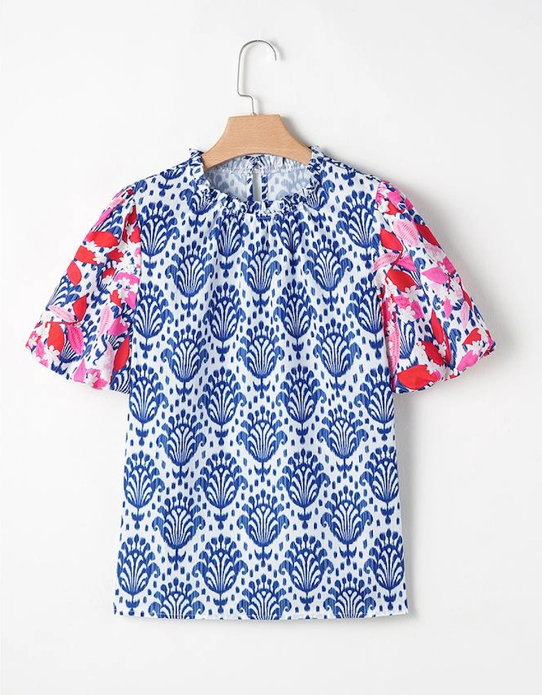 Blue Western Fashion Print Floral Puff Sleeve Frilled Neck Blouse