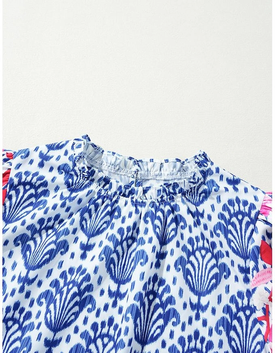 Blue Western Fashion Print Floral Puff Sleeve Frilled Neck Blouse