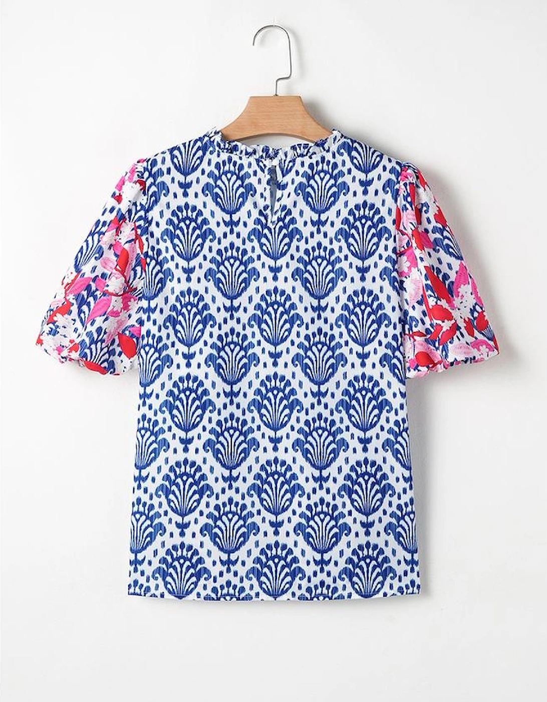 Blue Western Fashion Print Floral Puff Sleeve Frilled Neck Blouse