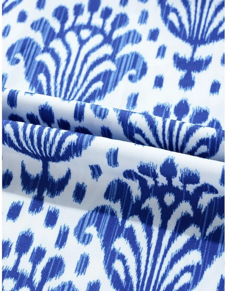 Blue Western Fashion Print Floral Puff Sleeve Frilled Neck Blouse