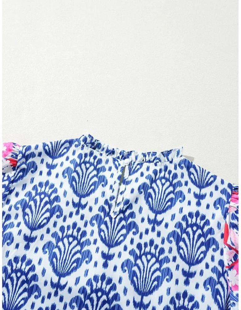 Blue Western Fashion Print Floral Puff Sleeve Frilled Neck Blouse