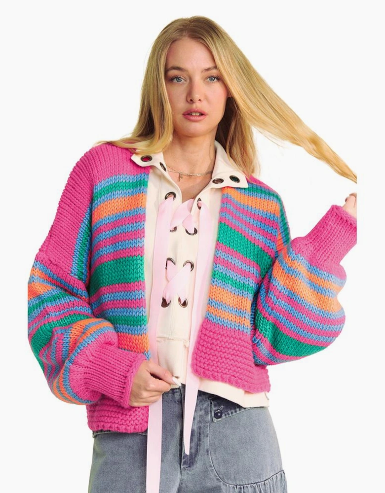 Rose Stripe Colorful Puff Sleeve Drop Shoulder Loose Cardigan