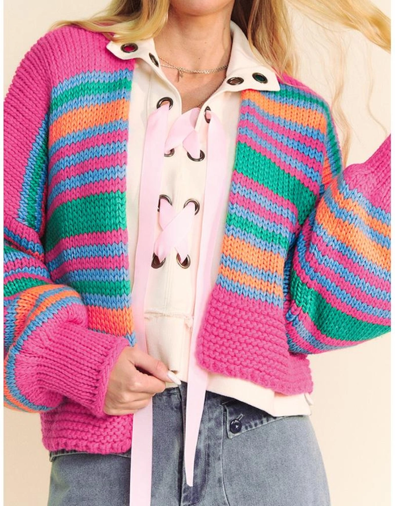 Rose Stripe Colorful Puff Sleeve Drop Shoulder Loose Cardigan