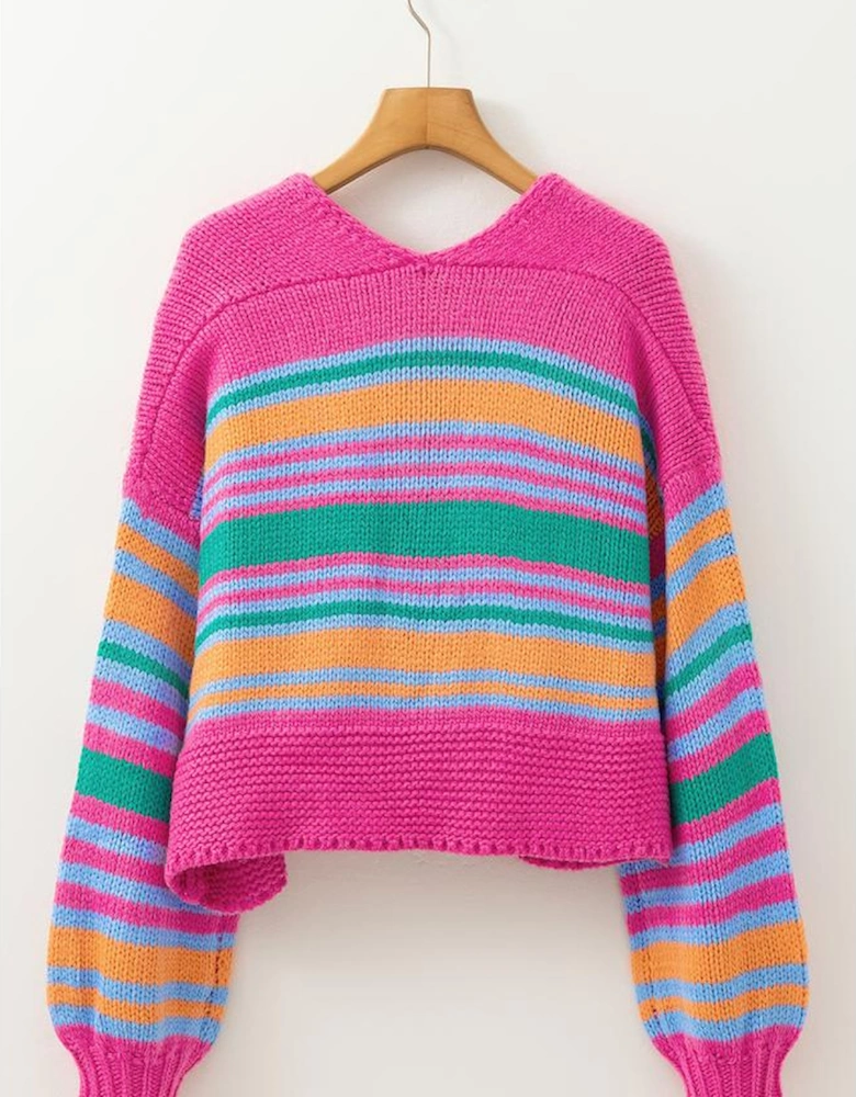 Rose Stripe Colorful Puff Sleeve Drop Shoulder Loose Cardigan