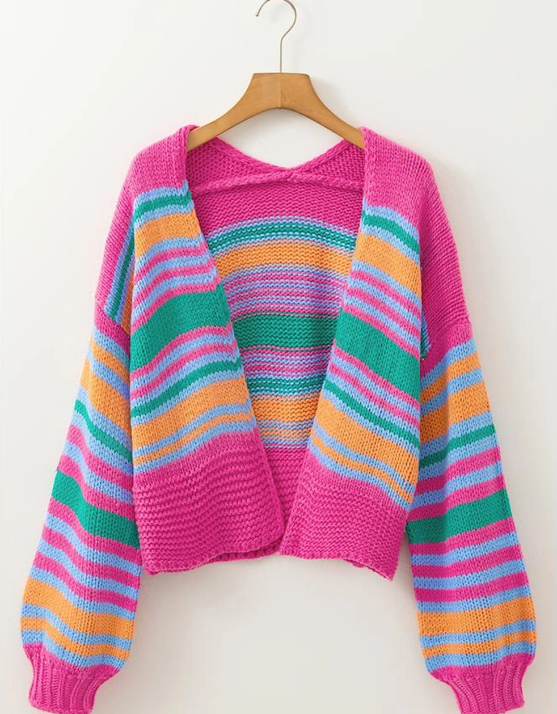 Rose Stripe Colorful Puff Sleeve Drop Shoulder Loose Cardigan