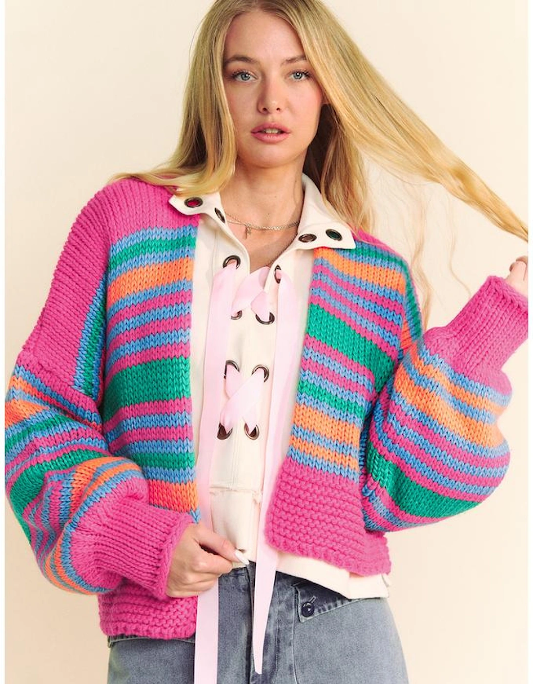 Rose Stripe Colorful Puff Sleeve Drop Shoulder Loose Cardigan