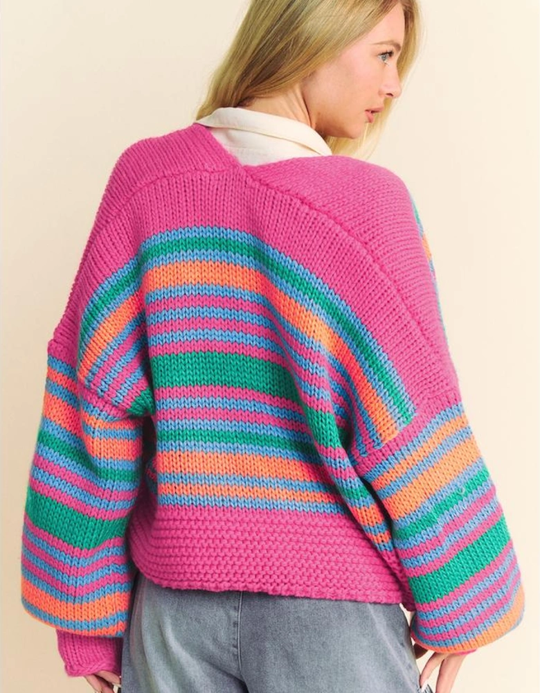 Rose Stripe Colorful Puff Sleeve Drop Shoulder Loose Cardigan