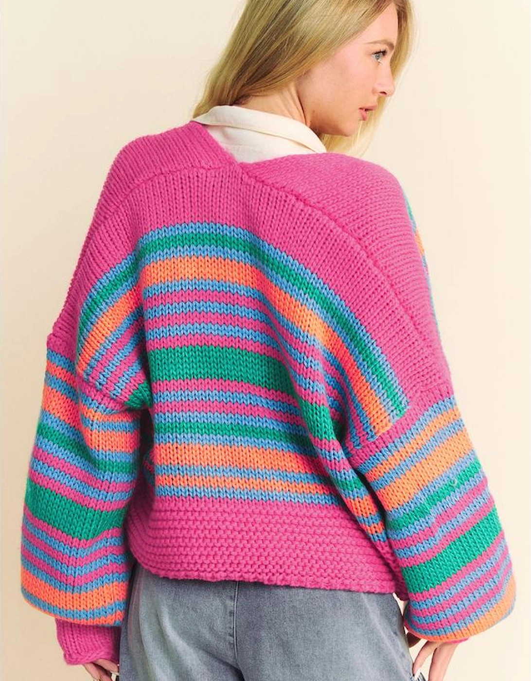 Rose Stripe Colorful Puff Sleeve Drop Shoulder Loose Cardigan