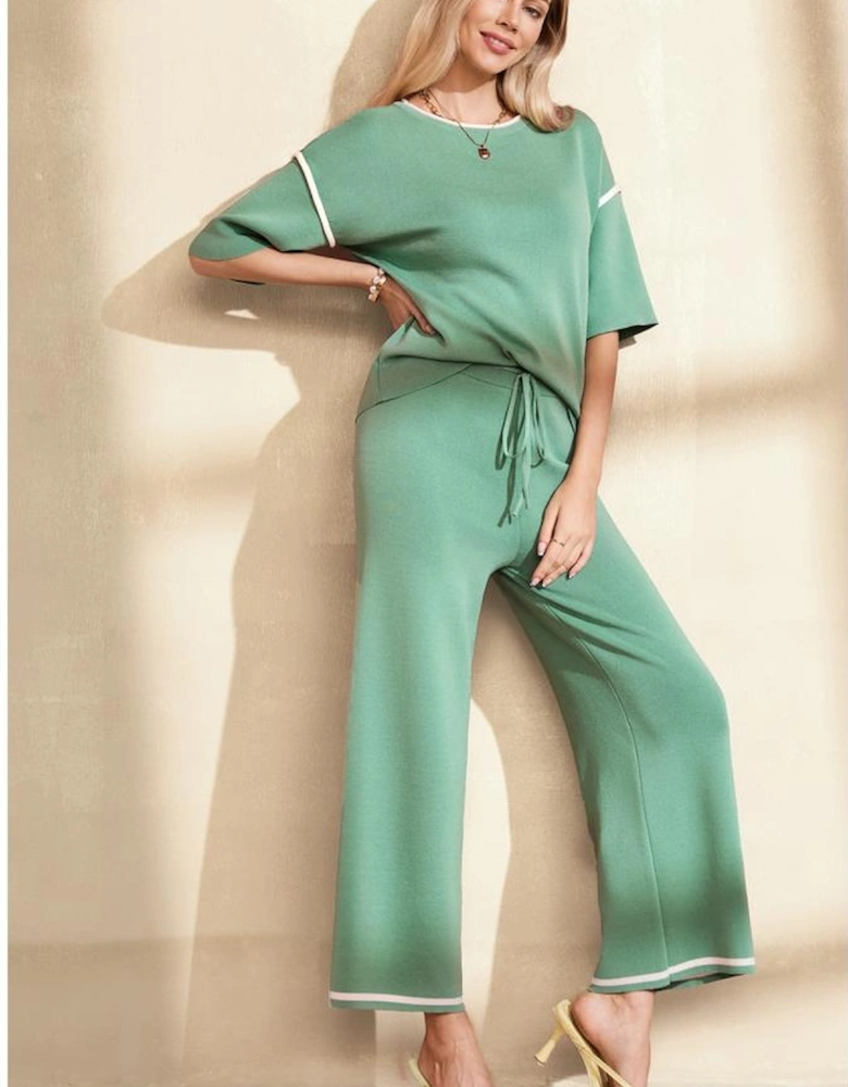 Canton Contrast Trim Half Sleeve Top Drawstring Pants Loose 2pcs Sweater Suit