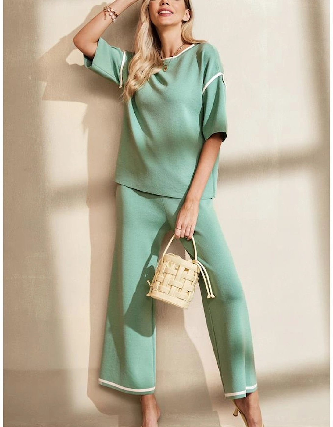 Canton Contrast Trim Half Sleeve Top Drawstring Pants Loose 2pcs Sweater Suit