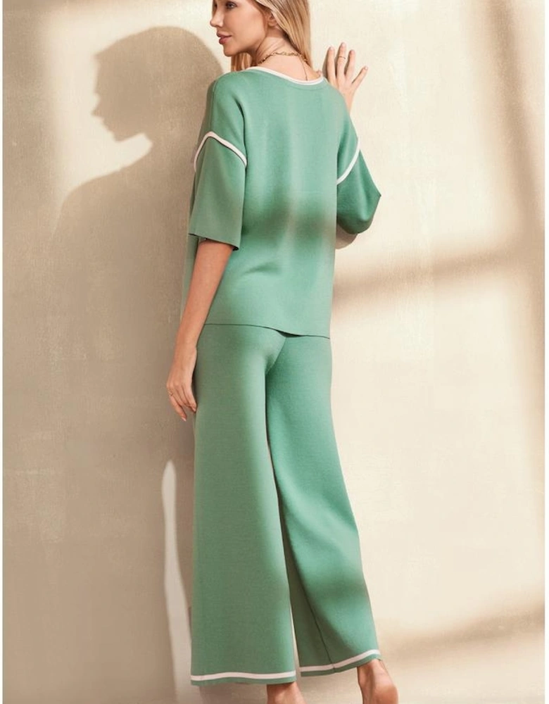 Canton Contrast Trim Half Sleeve Top Drawstring Pants Loose 2pcs Sweater Suit