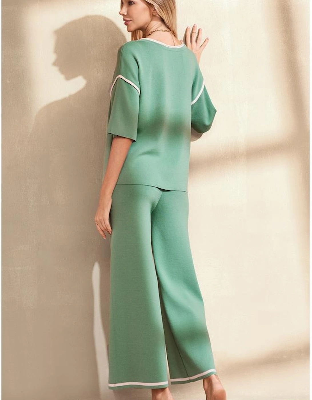 Canton Contrast Trim Half Sleeve Top Drawstring Pants Loose 2pcs Sweater Suit, 16 of 15