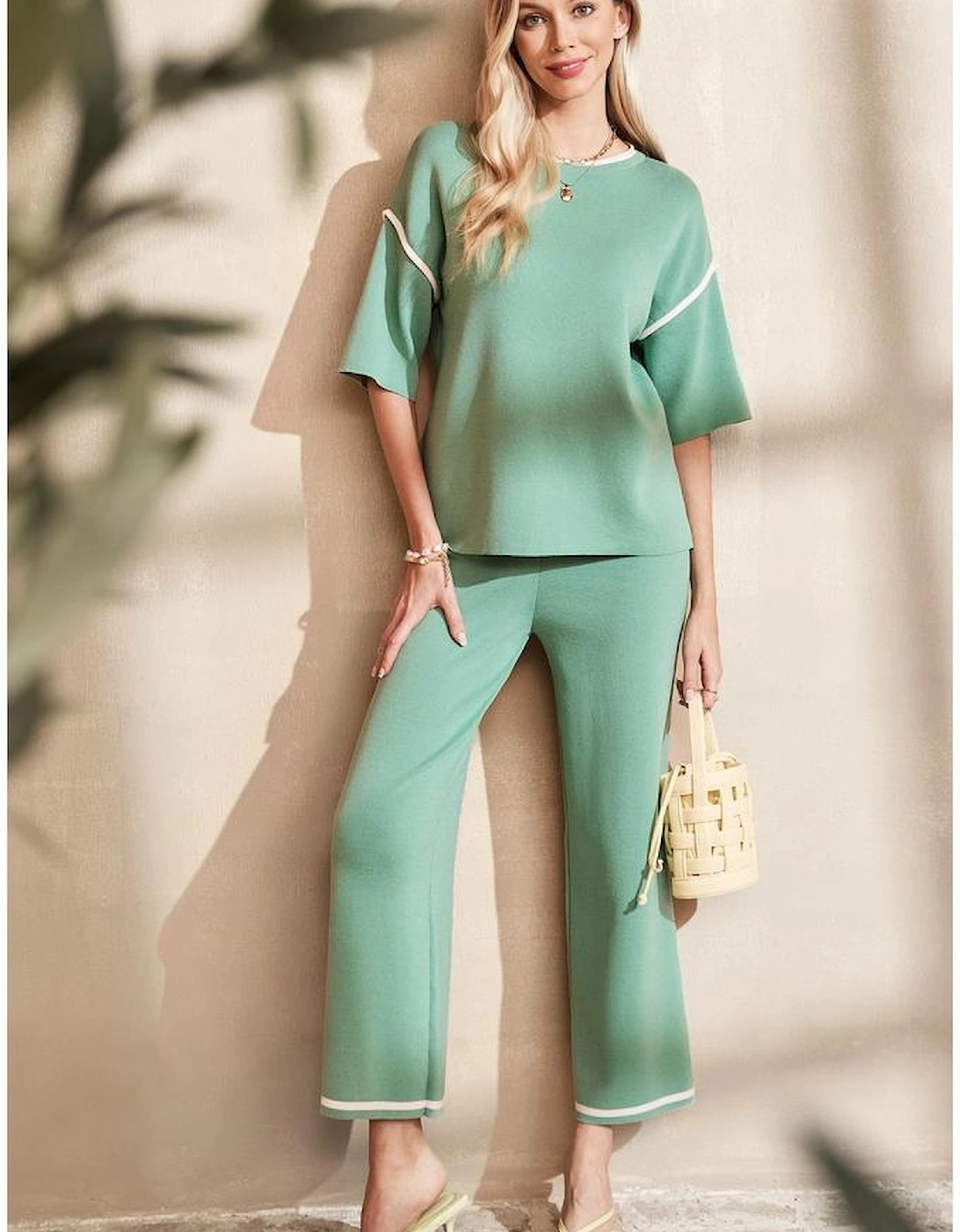 Canton Contrast Trim Half Sleeve Top Drawstring Pants Loose 2pcs Sweater Suit